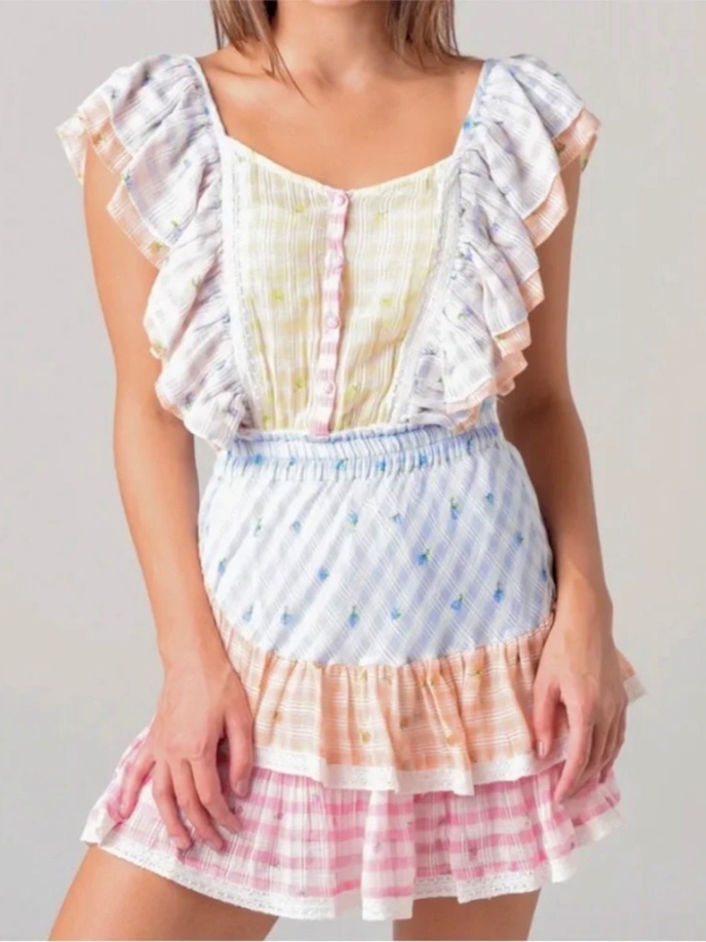 LOVESHACK FANCY Leon Ruffled Mini Dress in Mixed Check - S - Picture 2 of 14
